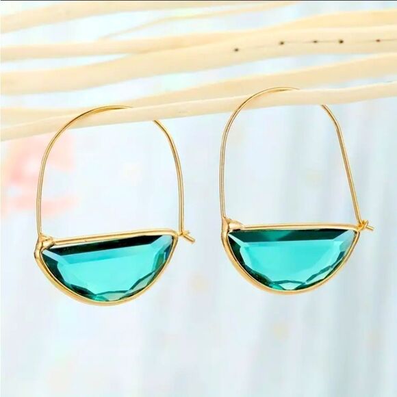 Green Glass Hoop Earrings Semi Circle - Picture 1 of 5